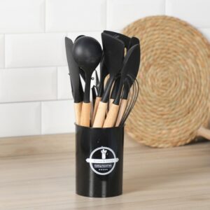 Set de 12 Ustensiles de Cuisine en Silicone avec Poignées en Bois – Noir