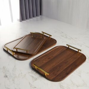 Série de 3 Plateaux en Bois avec Poignées Dorées