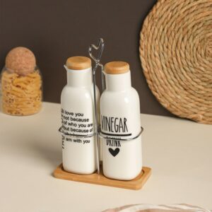 Set Huile & Vinaigre en Céramique avec Support en Bois – 3 Pièces