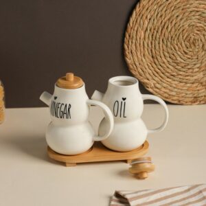 Set Huile & Vinaigre en Céramique avec Support en Bois – 3 Pièces