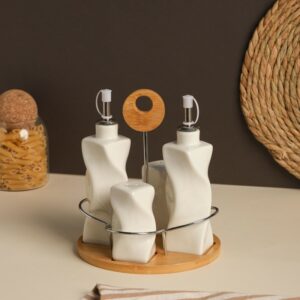 Set Huile & Vinaigre en Céramique avec Support en Bois – 5 Pièces