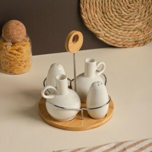 Set Huile & Vinaigre en Céramique avec Support en Bois – 5 Pièces