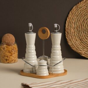 Set Huile & Vinaigre en Céramique avec Support en Bois – 5 Pièces