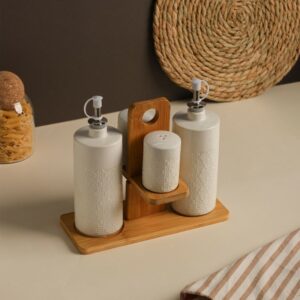 Set Huile & Vinaigre en Céramique avec Support en Bois – 5 Pièces