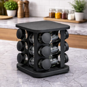 Porte-Épices Rotatif Noir avec 12 Pots en Verre