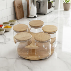 Porte Épices Rotative en Bois avec 5 Bocaux en Verre