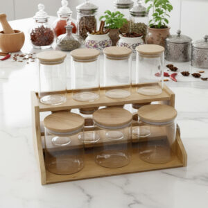 Set Bocaux à Épices en Verre avec Support en Bois 11 Pièces