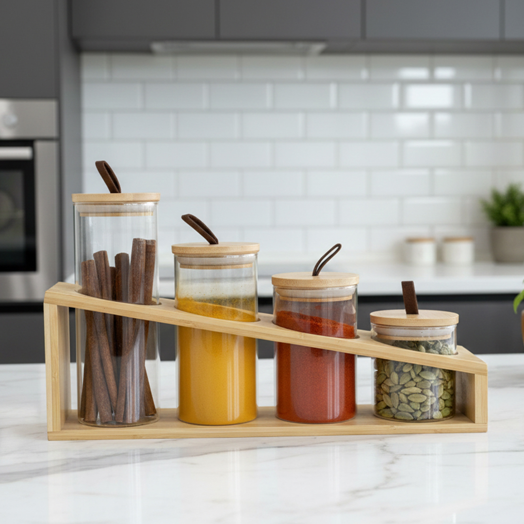 Set de 4 Pots à Épices en Verre avec Support en Bois