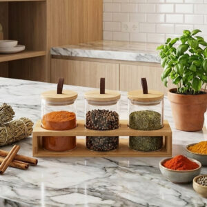 Set de 3 Pots à Épices en Verre avec Support en Bois