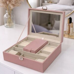 Coffret à Bijoux Premium Rose avec Miroir et Étui Central