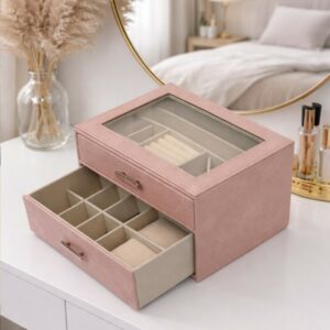 Coffret à Bijoux Élégant avec Tiroir et Couvercle en Verre