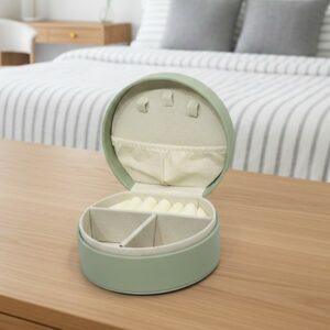 Coffret à Bijoux Rond Vert Sauge avec Compartiments & Crochets