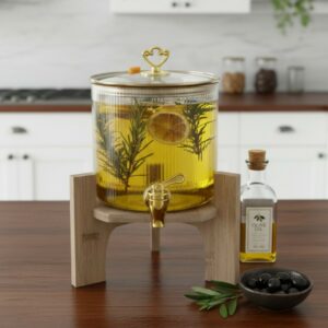 Distributeur à Huile en Verre avec Robinet et Support Bois