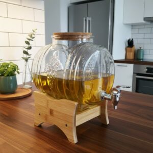 Distributeur à Huile en Verre avec Robinet et Support Bois