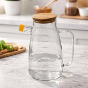 Huilière en Verre 1000ML avec Bec Verseur et Couvercle en Bois