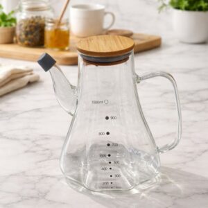 Huilière en Verre 1000ML avec Bec Verseur et Couvercle en Bois