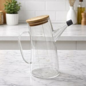 Huilière en Verre 750ML avec Bec Verseur et Couvercle en Bois