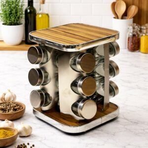 Porte-Épices en Inox et Bois avec 12 Pots en Verre
