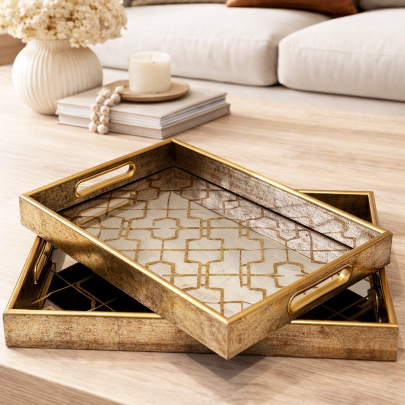 Set de 2 Plateaux Rectangulaires Décoratifs en Bois et Verre