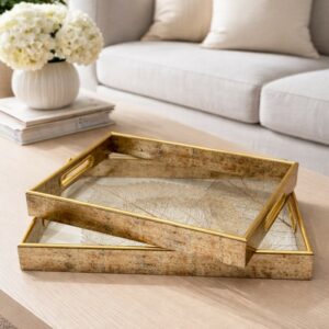 Set de 2 Plateaux Rectangulaires Décoratifs en Bois et Verre