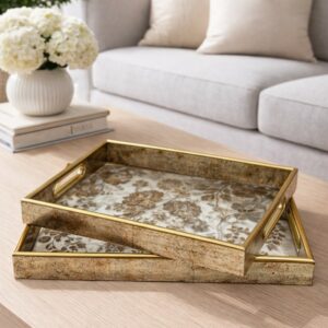 Set de 2 Plateaux Rectangulaires Décoratifs en Bois et Verre