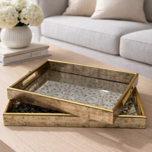 Set de 2 Plateaux Rectangulaires Décoratifs en Bois et Verre