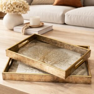 Set de 2 Plateaux Rectangulaires Décoratifs en Bois et Verre