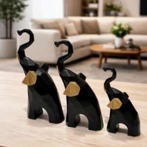 Set de 3 Statues Décoratives Éléphant Noir & Or en Résine