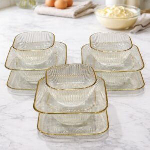 Set de 12 Pièces Bols et Assiettes en Verre Strié avec Liseré Doré