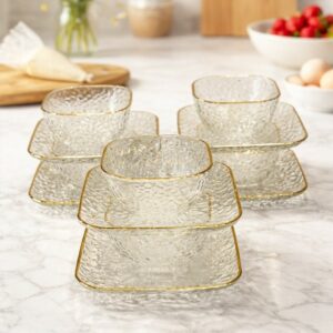 Set de 12 Pièces Bols et Assiettes en Verre Martulé avec Liseré Doré