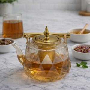 Théière en Verre 1000 ml avec Infuseur et Couvercle Doré