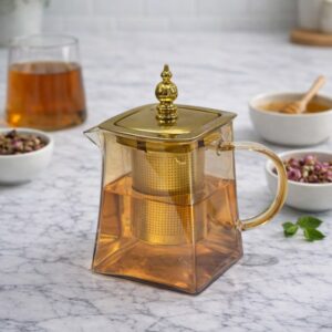 Théière en Verre 600 ml avec Infuseur et Couvercle Doré