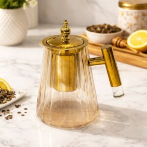 Théière en Verre 600 ml avec Infuseur et Couvercle Doré
