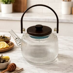 Théière en Verre 800 ml avec Couvercle et Poignée en Bois