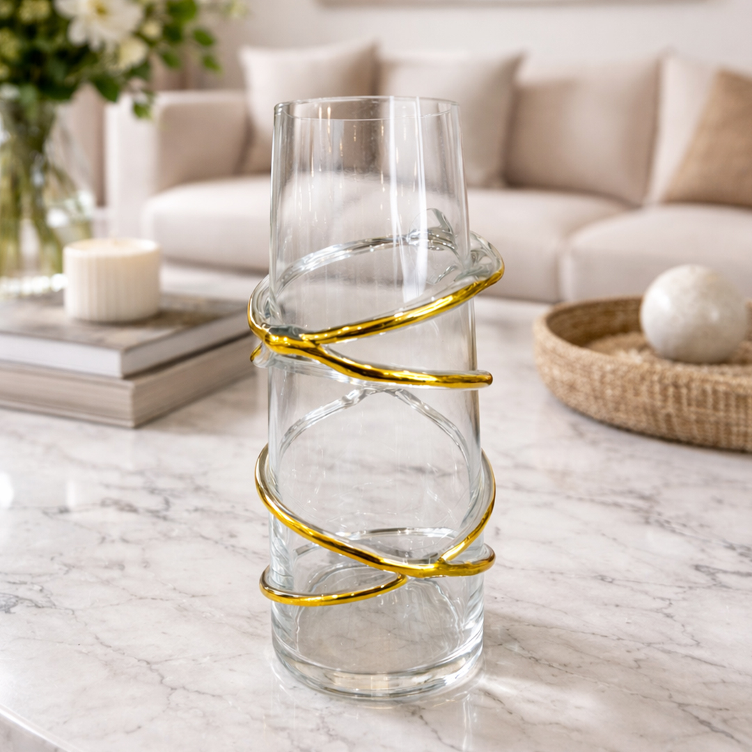 Vase en Verre Transparent avec Décoration Dorée