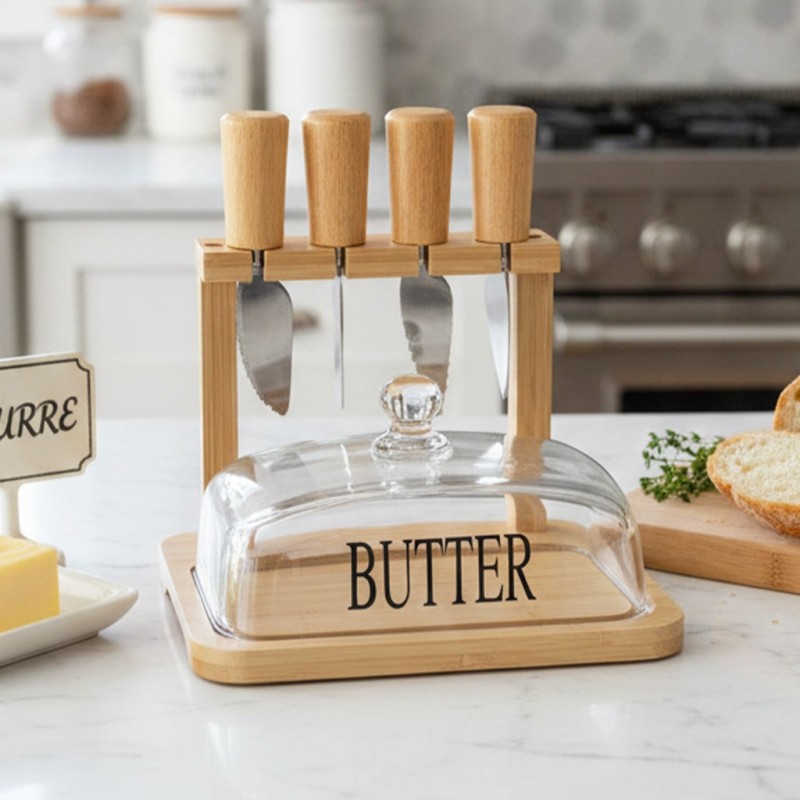 Beurrier en Bois avec Cloche en Verre avec Set Couteaux