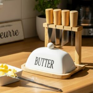 Beurrier en Céramique avec Support Bois & Porte-Couteaux