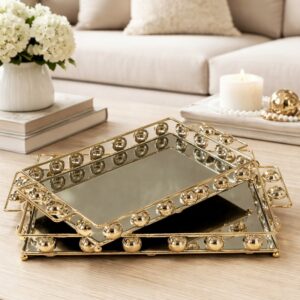 Set de 2 Plateaux Rectangulaires Miroir en Métal Doré