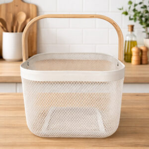 Panier de Rangement Blanc Métal & Bois