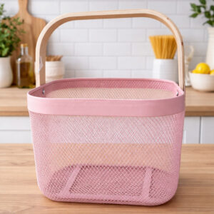 Panier de Rangement Rose Clair Métal & Bois