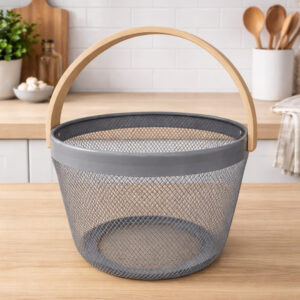 Panier de Rangement Gris Métal & Bois