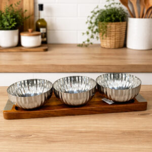 Set de 3 Bols Inox sur Plateau en Bois