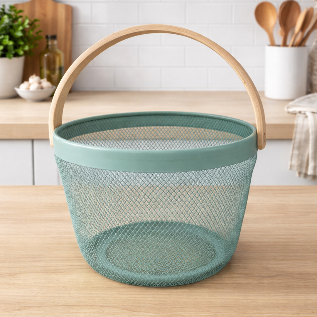 Panier de Rangement Vert Métal & Bois