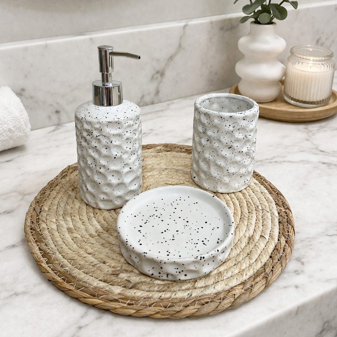 Set Accessoires Salle de Bain 3 Pièces Blanc – Effet Pierre