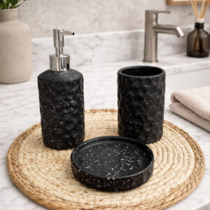 Set Accessoires Salle de Bain 3 Pièces Noir – Effet Pierre