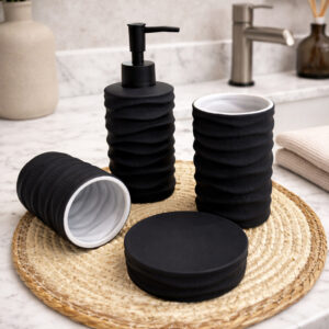 Ensemble Accessoires Salle de Bain 4 Pièces Noir en Céramique