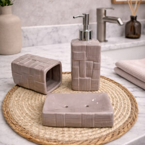 Ensemble Accessoires Salle de Bain 3 Pièces Beige en Céramique