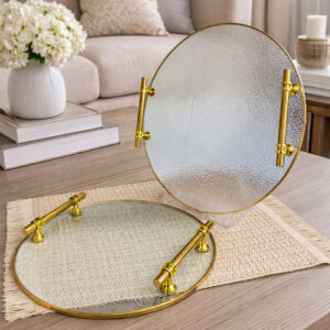 Set de 2 Plateaux Ronds en Verre avec Poignées Dorées