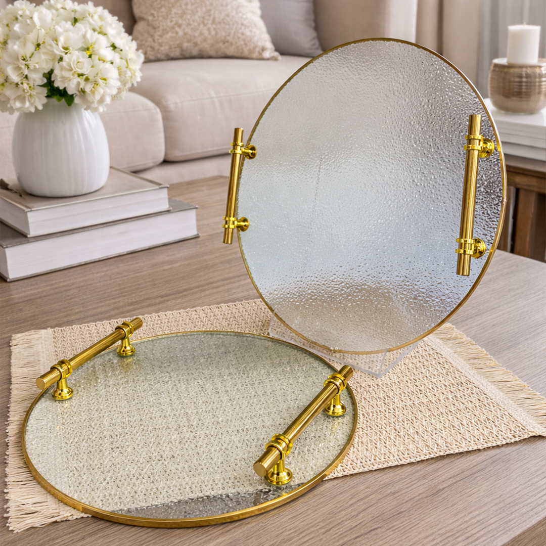 Set de 2 Plateaux Ronds en Verre avec Poignées Dorées