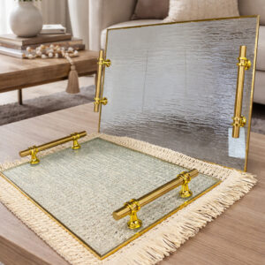 Set de 2 Plateaux Décoratifs en Verre avec Poignées Dorées